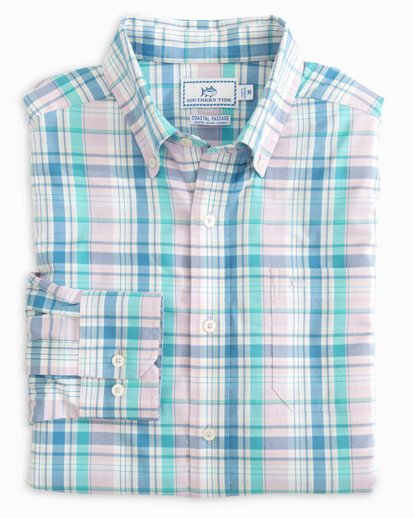 The folded front view of the Southern Tide Coastal Passage Sky Valley Plaid Sport Shirts by Southern Tide - Orchid Petal