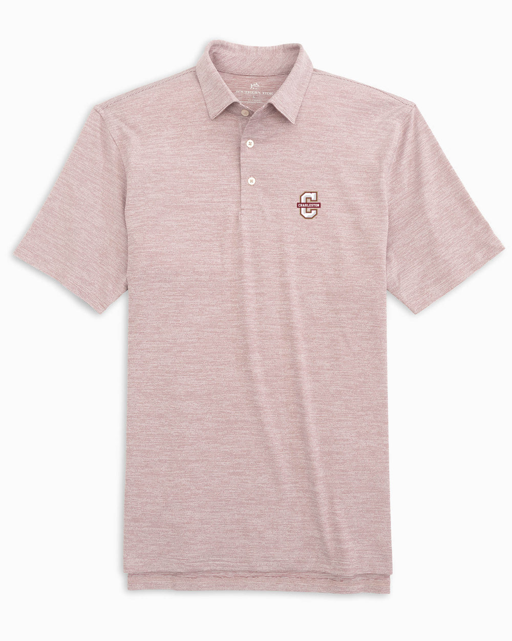The front of the College of Charleston Driver Spacedye Polo Shirt by Southern Tide - Chianti