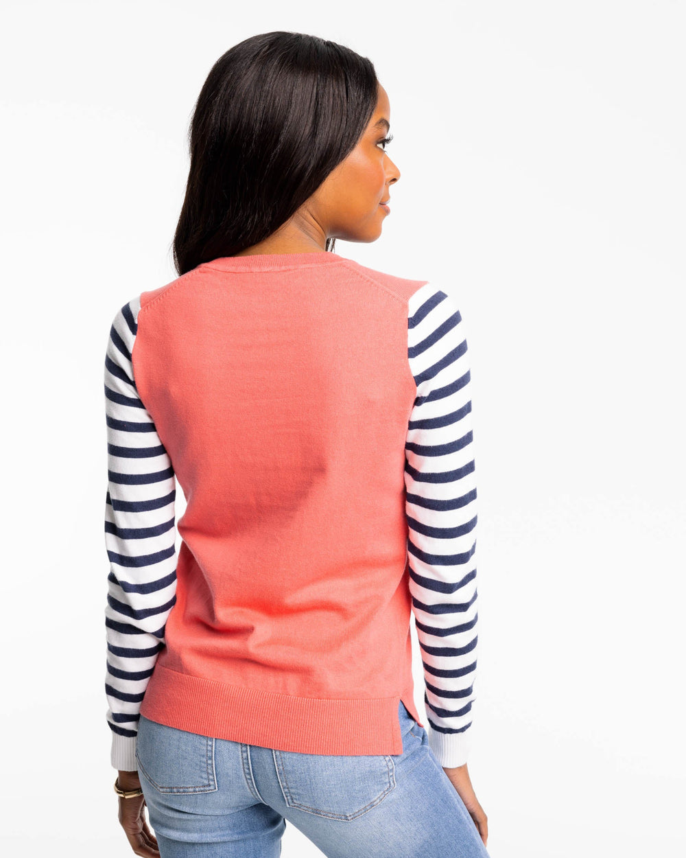 The back view of the Color Block Stripe Fireside Sweater by Southern Tide - Mineral Red