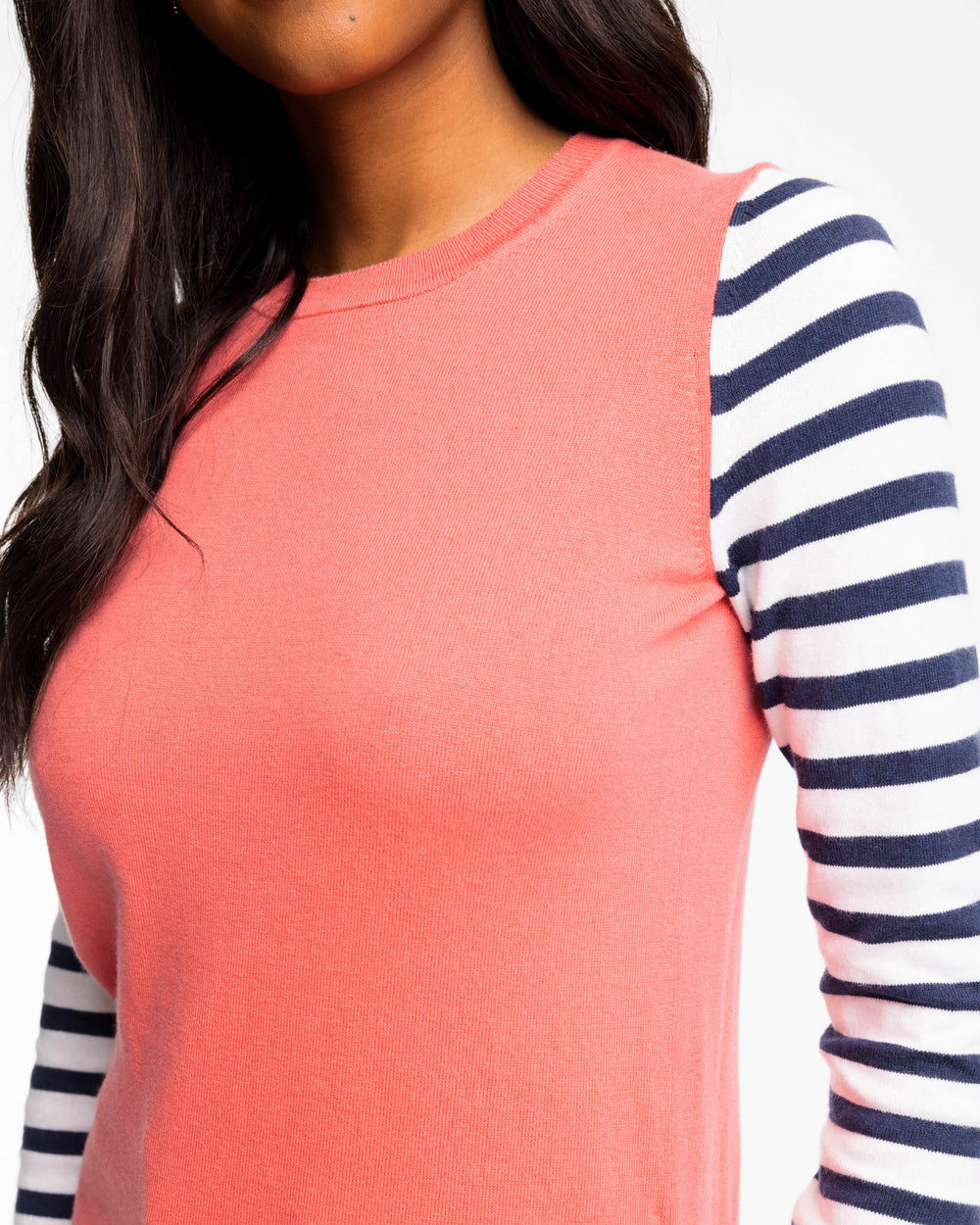 The detail view of the Color Block Stripe Fireside Sweater by Southern Tide - Mineral Red