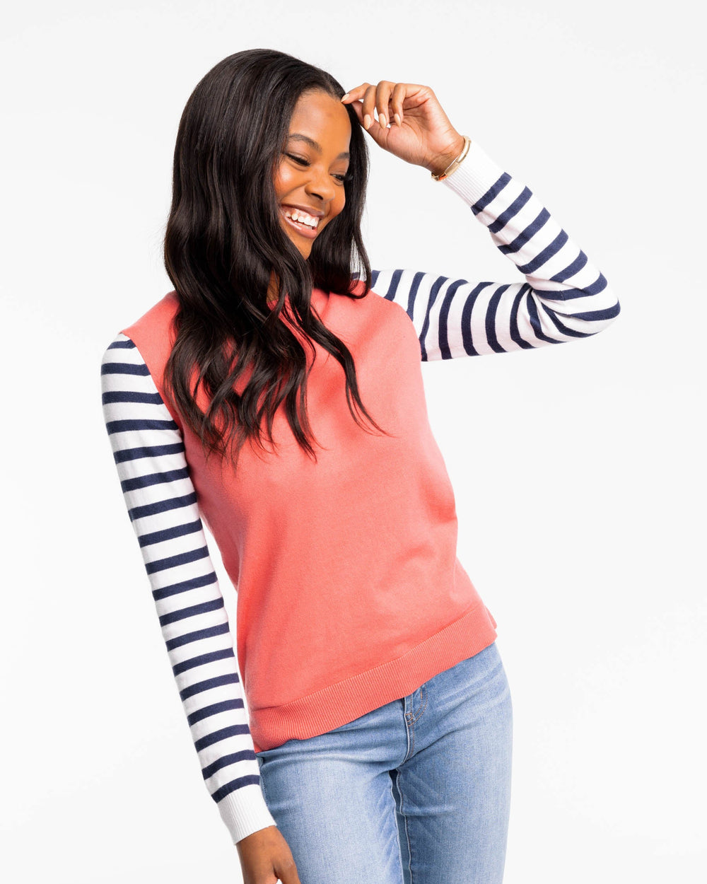 The front view of the Color Block Stripe Fireside Sweater by Southern Tide - Mineral Red