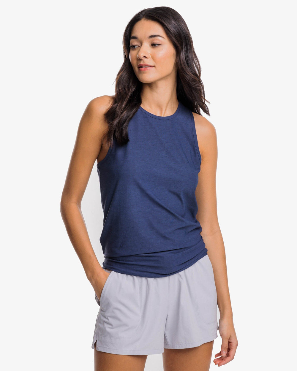 The front view of the Southern Tide Cora brrr illiant Tie Back Tank by Southern Tide - Nautical Navy