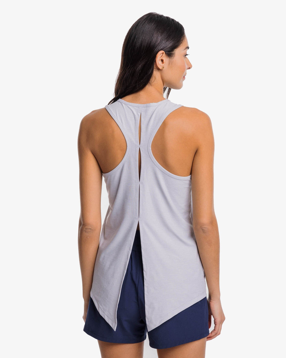 The back view of the Southern Tide Cora brrr illiant Tie Back Tank by Southern Tide - Platinum Grey