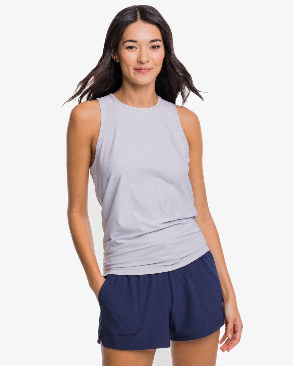 The front view of the Southern Tide Cora brrr illiant Tie Back Tank by Southern Tide - Platinum Grey