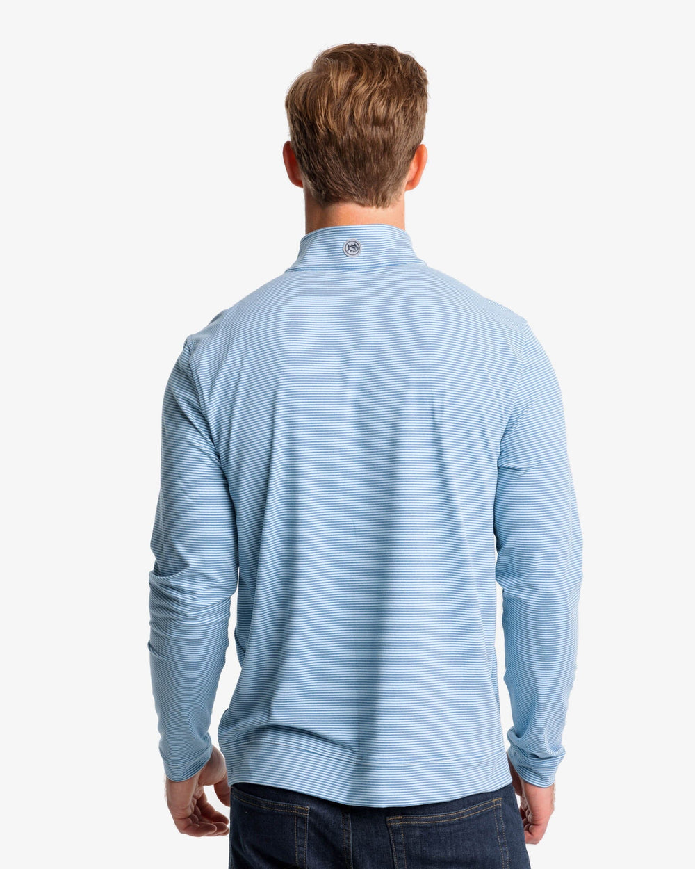 The back view of the Southern Tide Cruiser Heather Micro-Stripe Performance Quarter Zip by Southern Tide - Heather Atlantic Blue