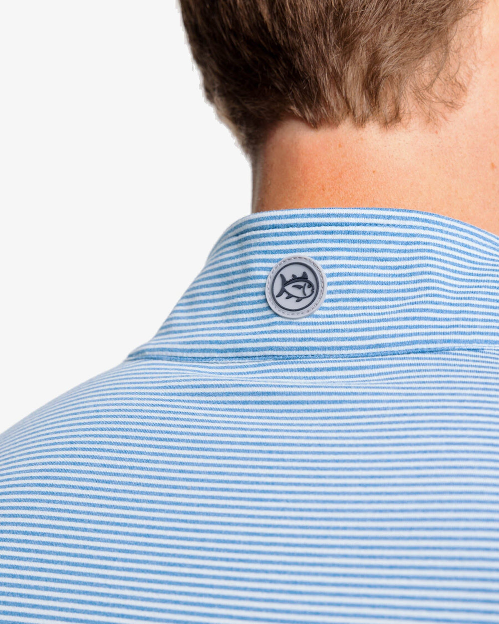 The detail view of the Southern Tide Cruiser Heather Micro-Stripe Performance Quarter Zip by Southern Tide - Heather Atlantic Blue