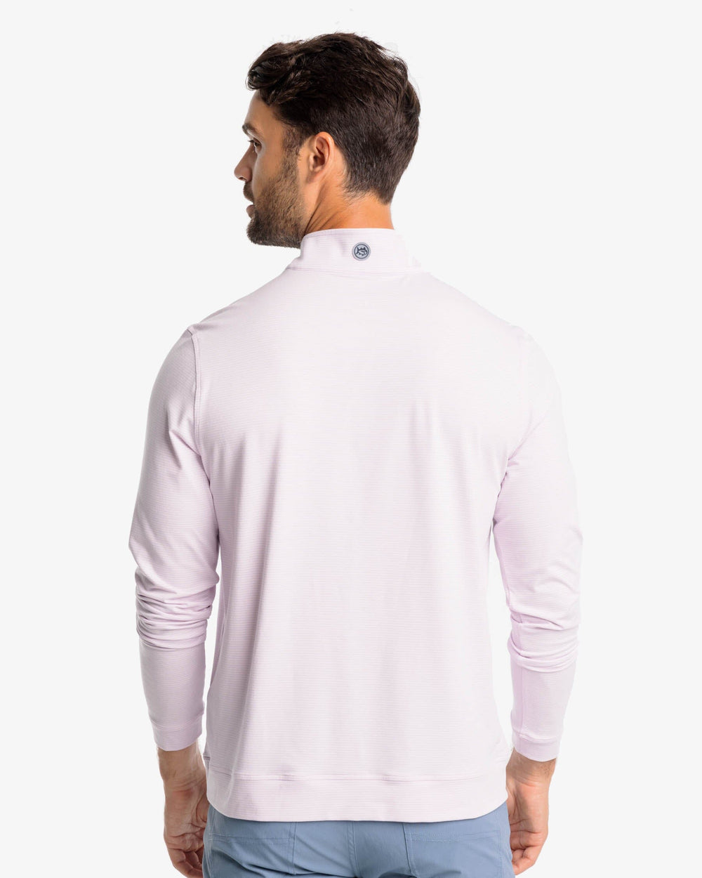 The back view of the Southern Tide Cruiser Heather Micro-Stripe Performance Quarter Zip by Southern Tide - Heather Rose Blush