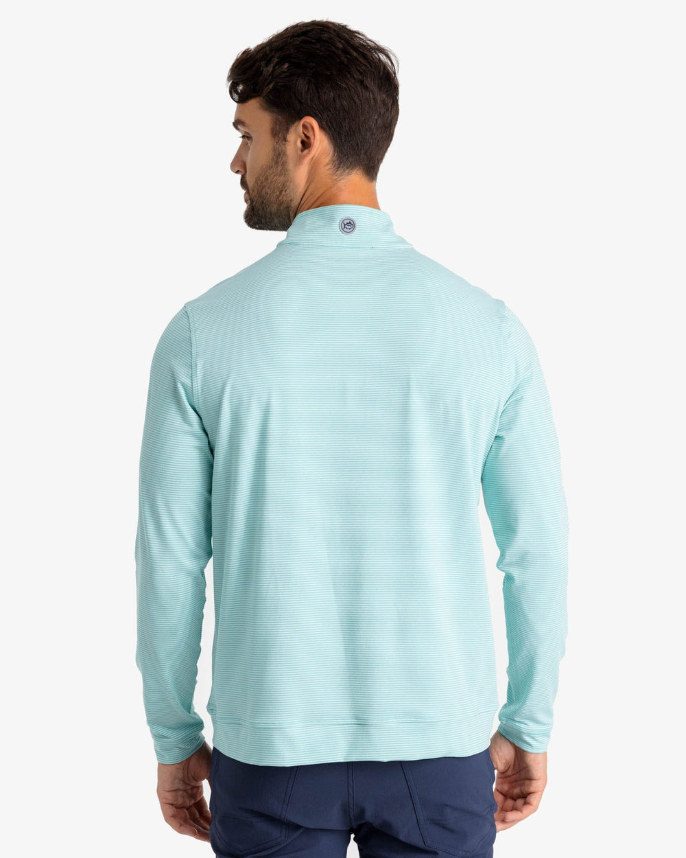 The back view of the Southern Tide Cruiser Heather Micro-Stripe Performance Quarter Zip by Southern Tide - Heather Tidal Wave
