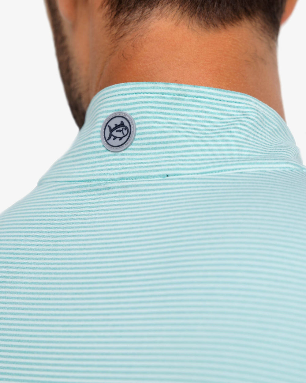 The yoke view of the Southern Tide Cruiser Heather Micro-Stripe Performance Quarter Zip by Southern Tide - Heather Tidal Wave