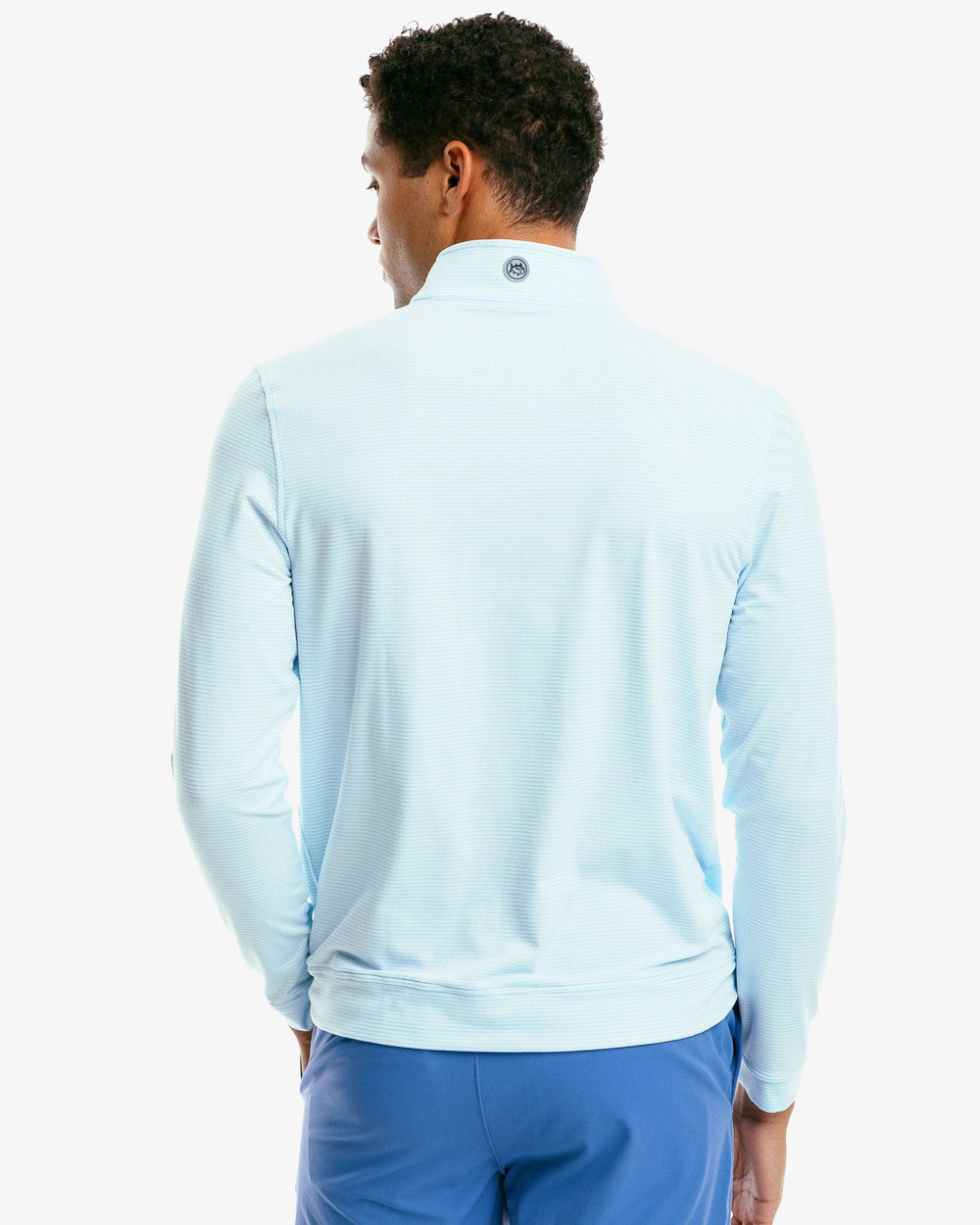 The back of the Men's Cruiser Heather Micro Striped Performance Quarter Zip Pullover by Southern Tide - Heather Aquamarine