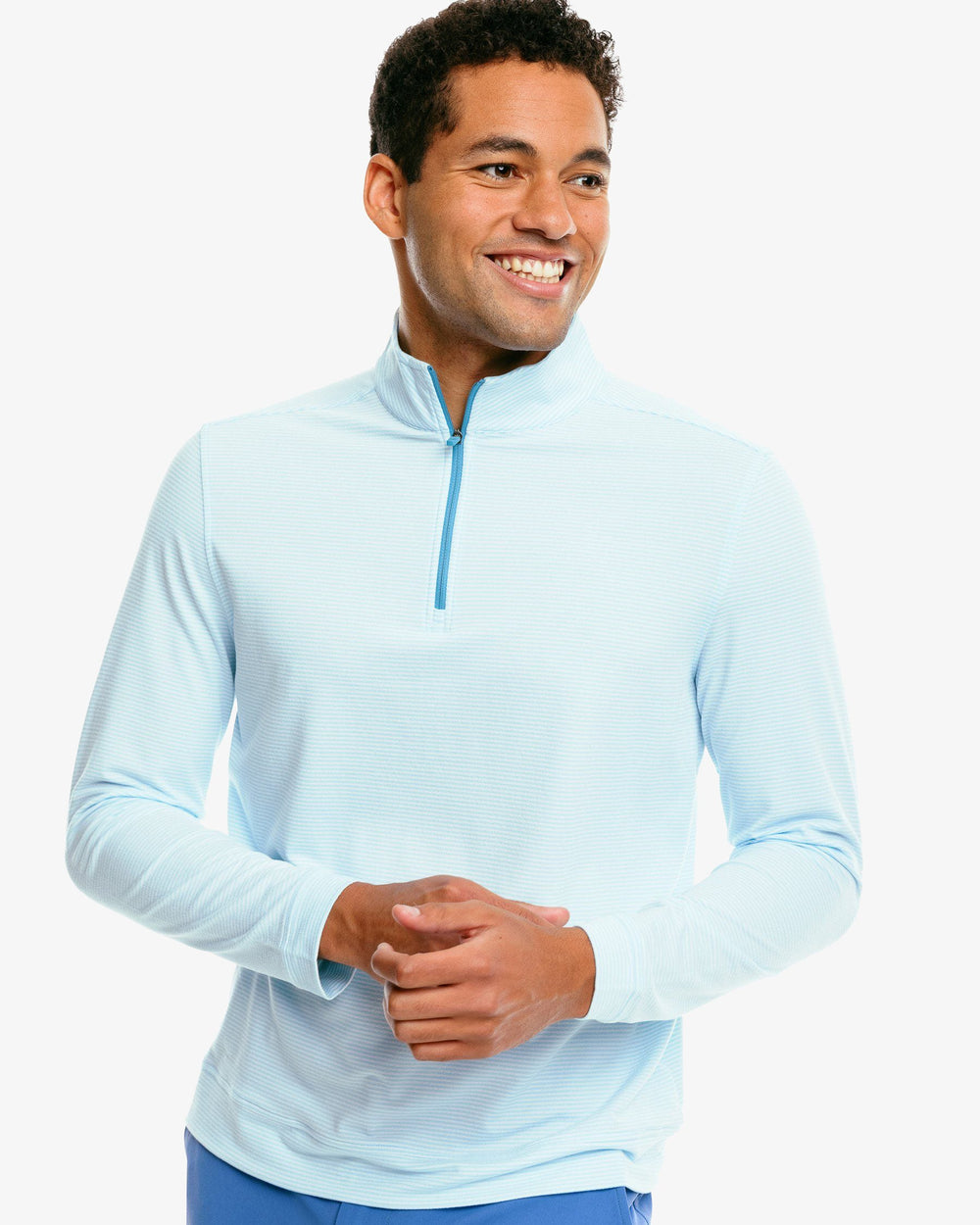 The front of the Men's Cruiser Heather Micro Striped Performance Quarter Zip Pullover by Southern Tide - Heather Aquamarine