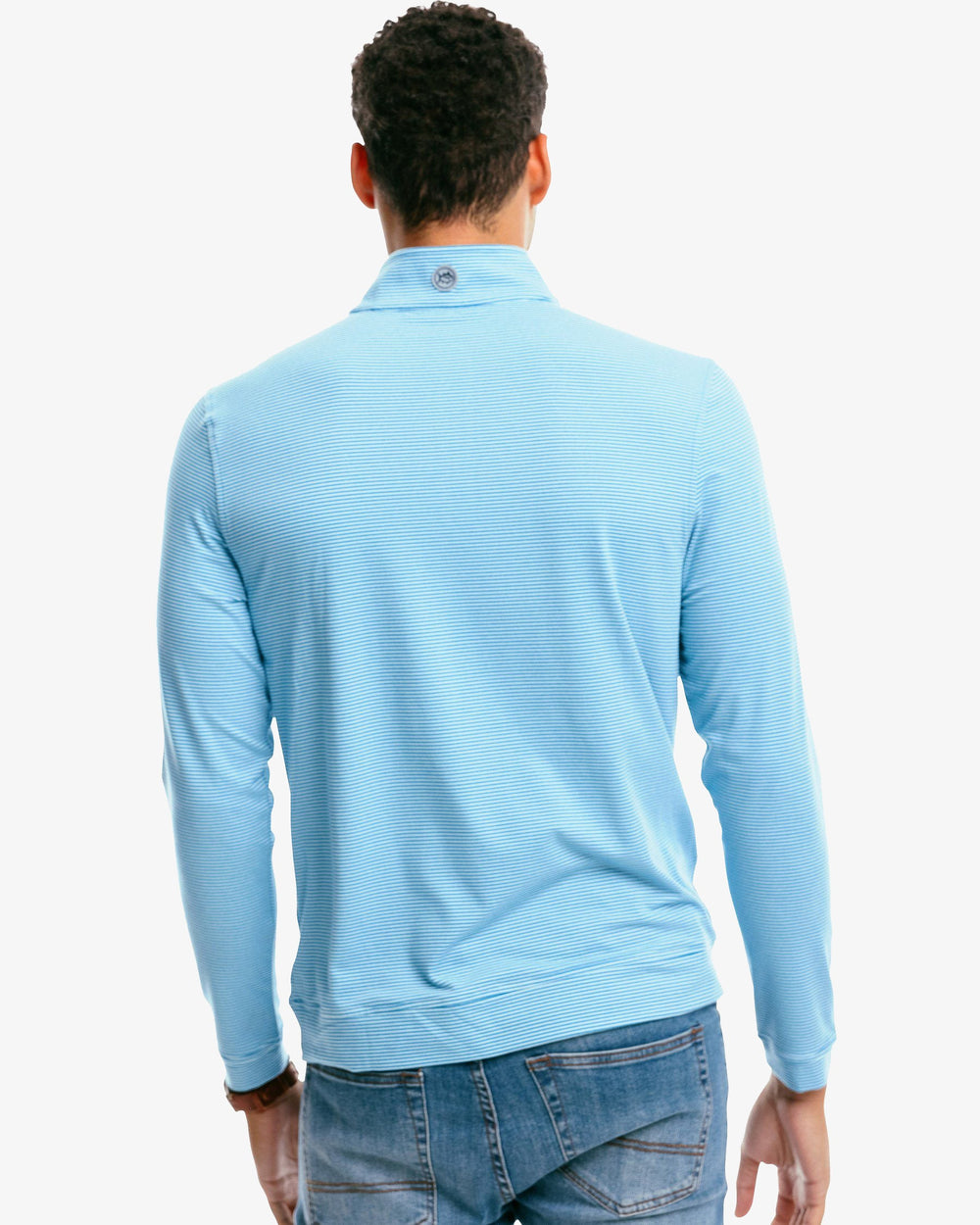 The back of the Men's Cruiser Heather Micro Striped Performance Quarter Zip Pullover by Southern Tide - Heather Blue Sapphire