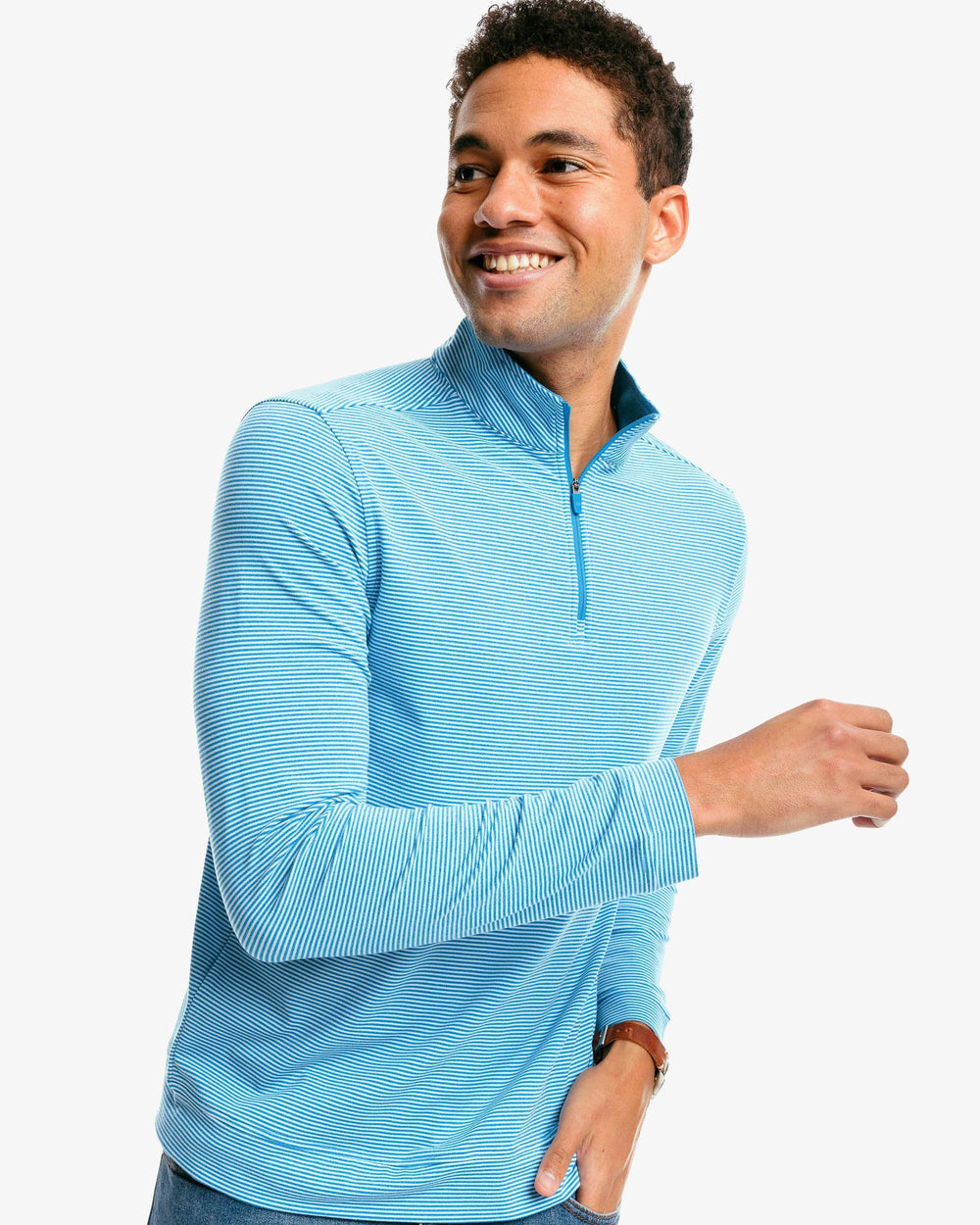 The front of the Men's Cruiser Heather Micro Striped Performance Quarter Zip Pullover by Southern Tide - Heather Blue Sapphire