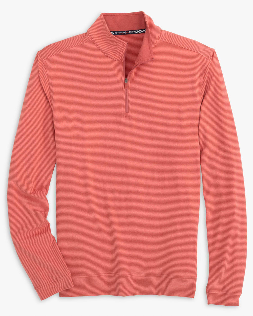 The front view of the Cruiser Heather Micro Striped Performance Quarter Zip Pullover by Southern Tide - Heather Mineral Red