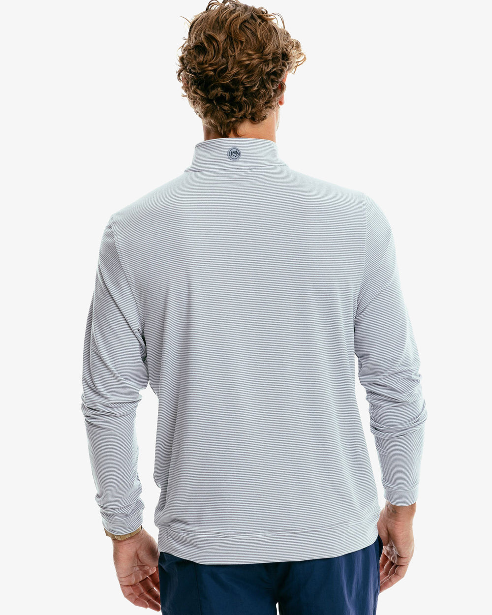 The back of the Men's Cruiser Heather Micro Striped Performance Quarter Zip Pullover by Southern Tide - Heather Steel Grey