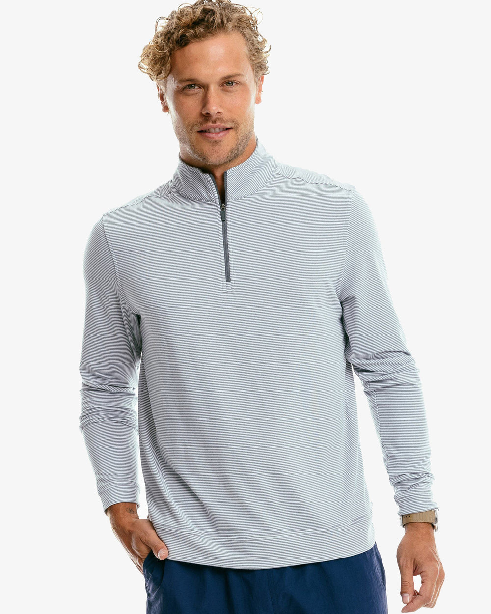 The front of the Men's Cruiser Heather Micro Striped Performance Quarter Zip Pullover by Southern Tide - Heather Steel Grey