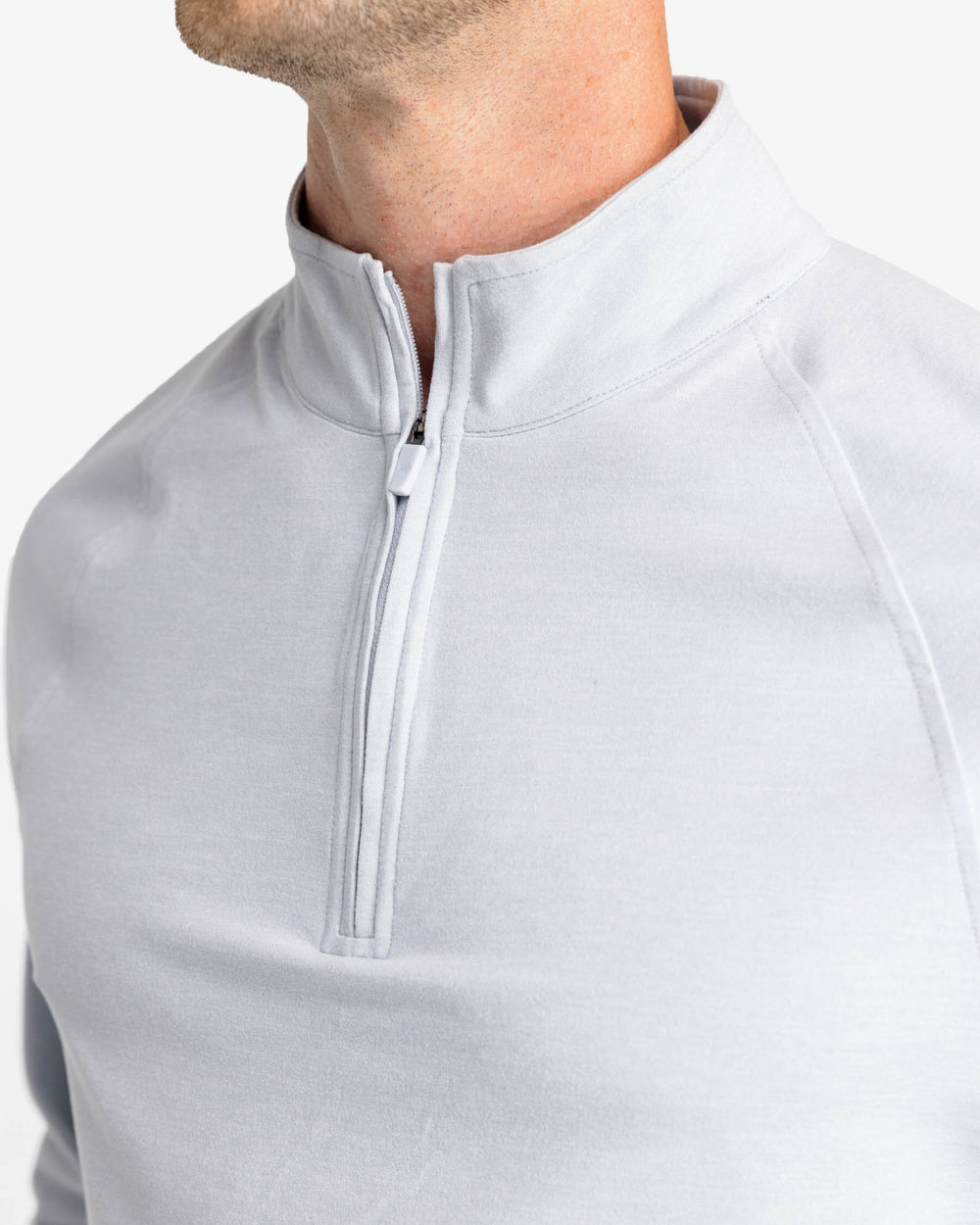 The detail view of the Southern Tide Cruiser Heather Quarter Zip by Southern Tide - Heather Slate Grey