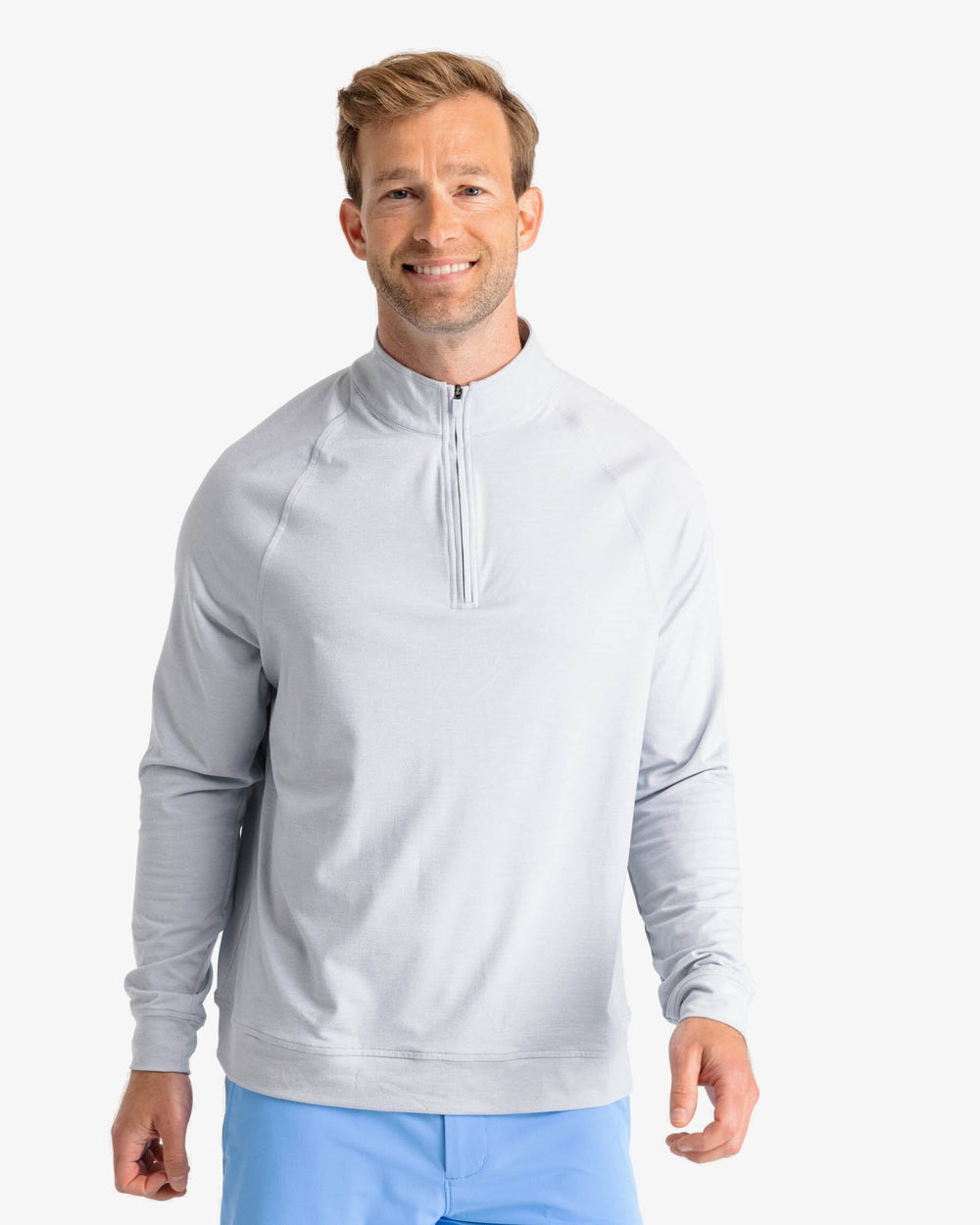 The front view of the Southern Tide Cruiser Heather Quarter Zip by Southern Tide - Heather Slate Grey