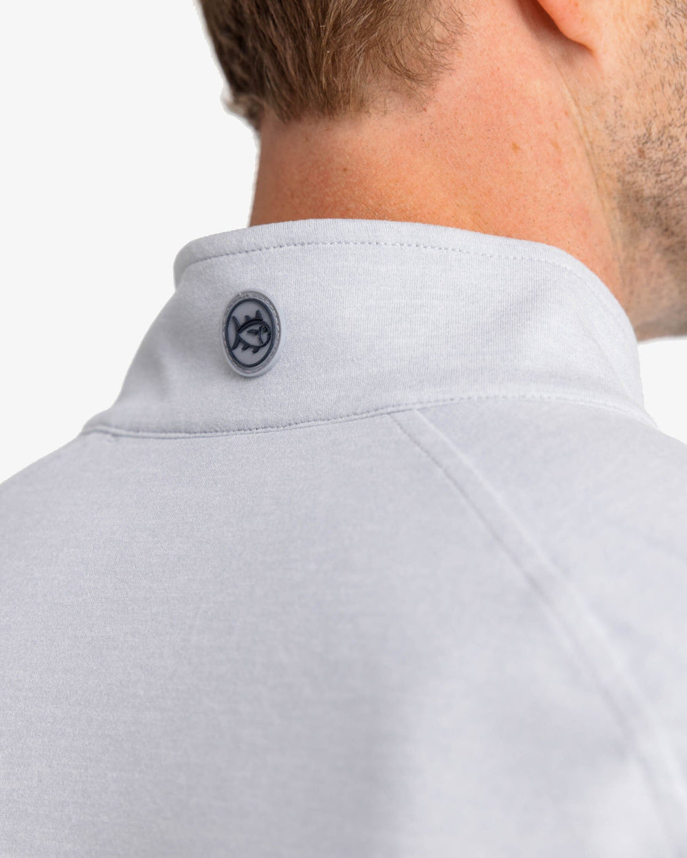 The yoke view of the Southern Tide Cruiser Heather Quarter Zip by Southern Tide - Heather Slate Grey