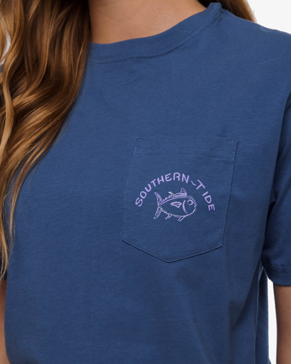 The detail view of the Southern Tide Cute and Crabby T-Shirt by Southern Tide - Aged Denim
