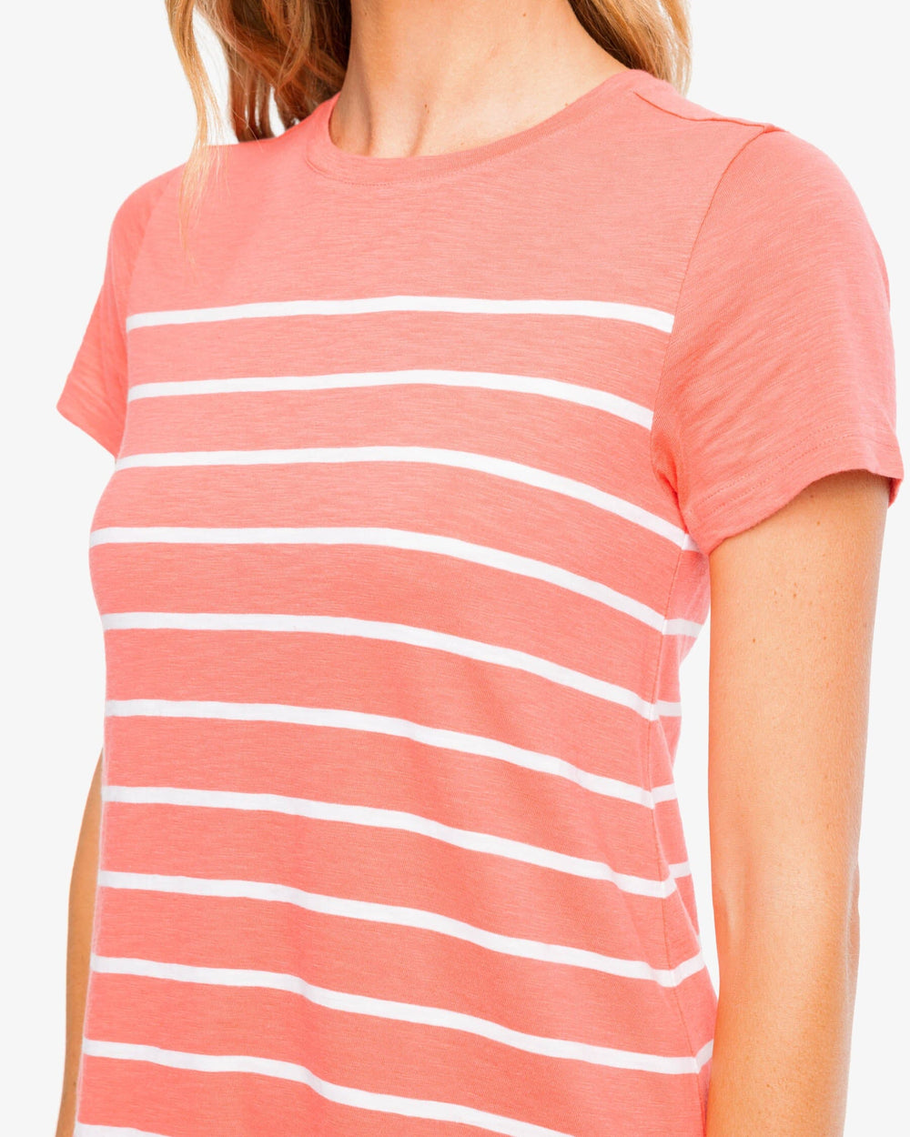 The detail view of the Southern Tide Delilah Sun Farer T-shirt Shirt Dress by Southern Tide - Sunkist Coral