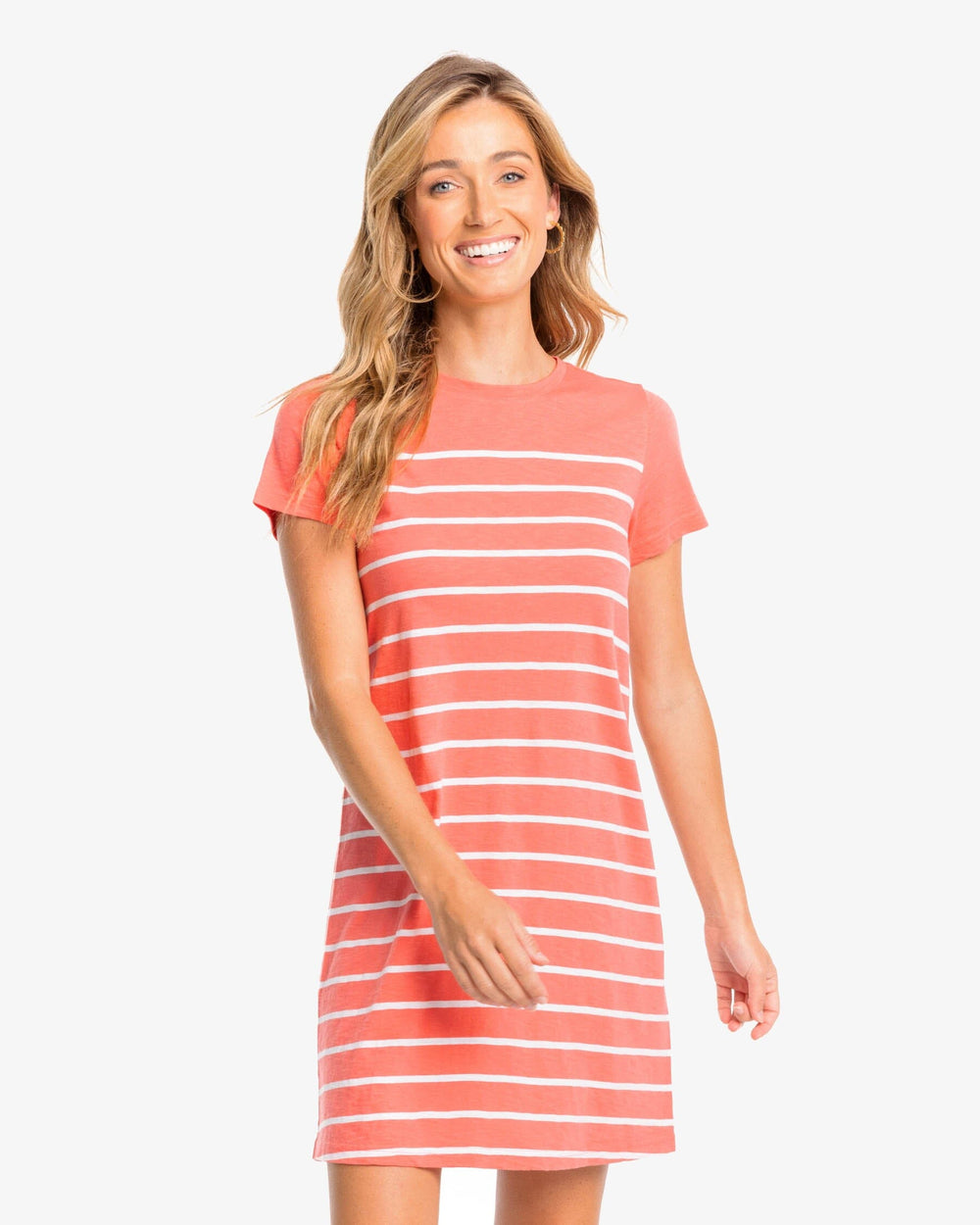 The front view of the Southern Tide Delilah Sun Farer T-shirt Shirt Dress by Southern Tide - Sunkist Coral