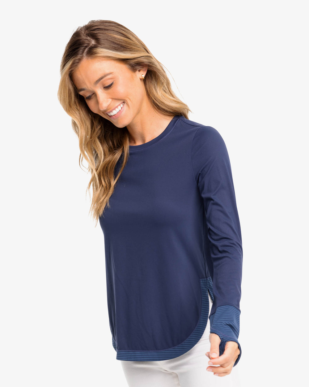 The front view of the Demy Long Sleeve Performance Top by Southern Tide - Nautical Navy