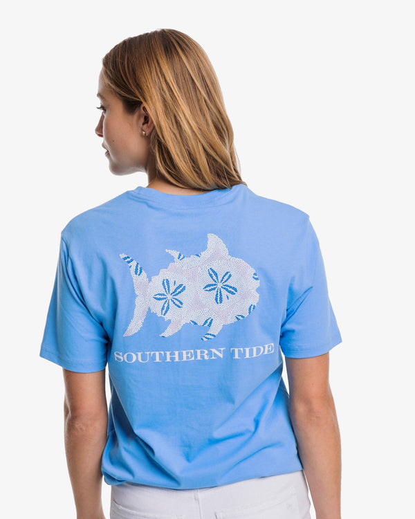 The back view of the Southern Tide Dotted Sand Dollar Skipjack T-Shirt by Southern Tide - Boat Blue