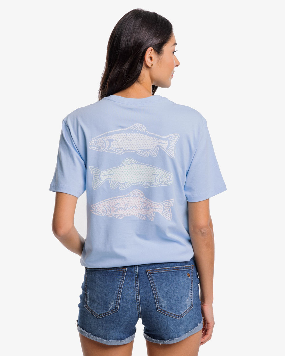 The back view of the Southern Tide Dotted Trout T-shirt by Southern Tide - Sky Blue