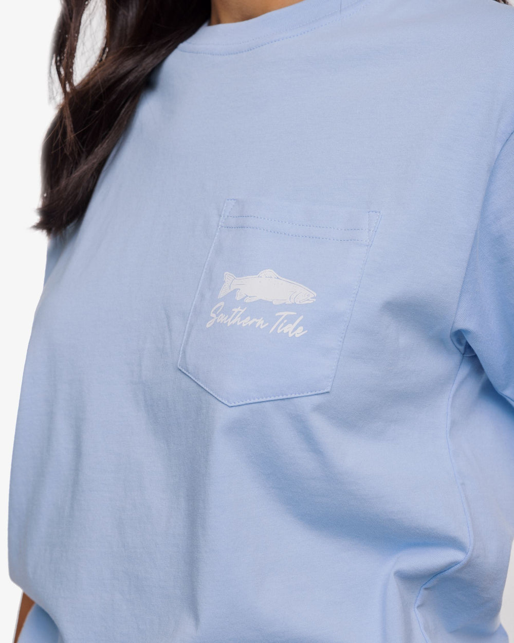 The detail view of the Southern Tide Dotted Trout T-shirt by Southern Tide - Sky Blue
