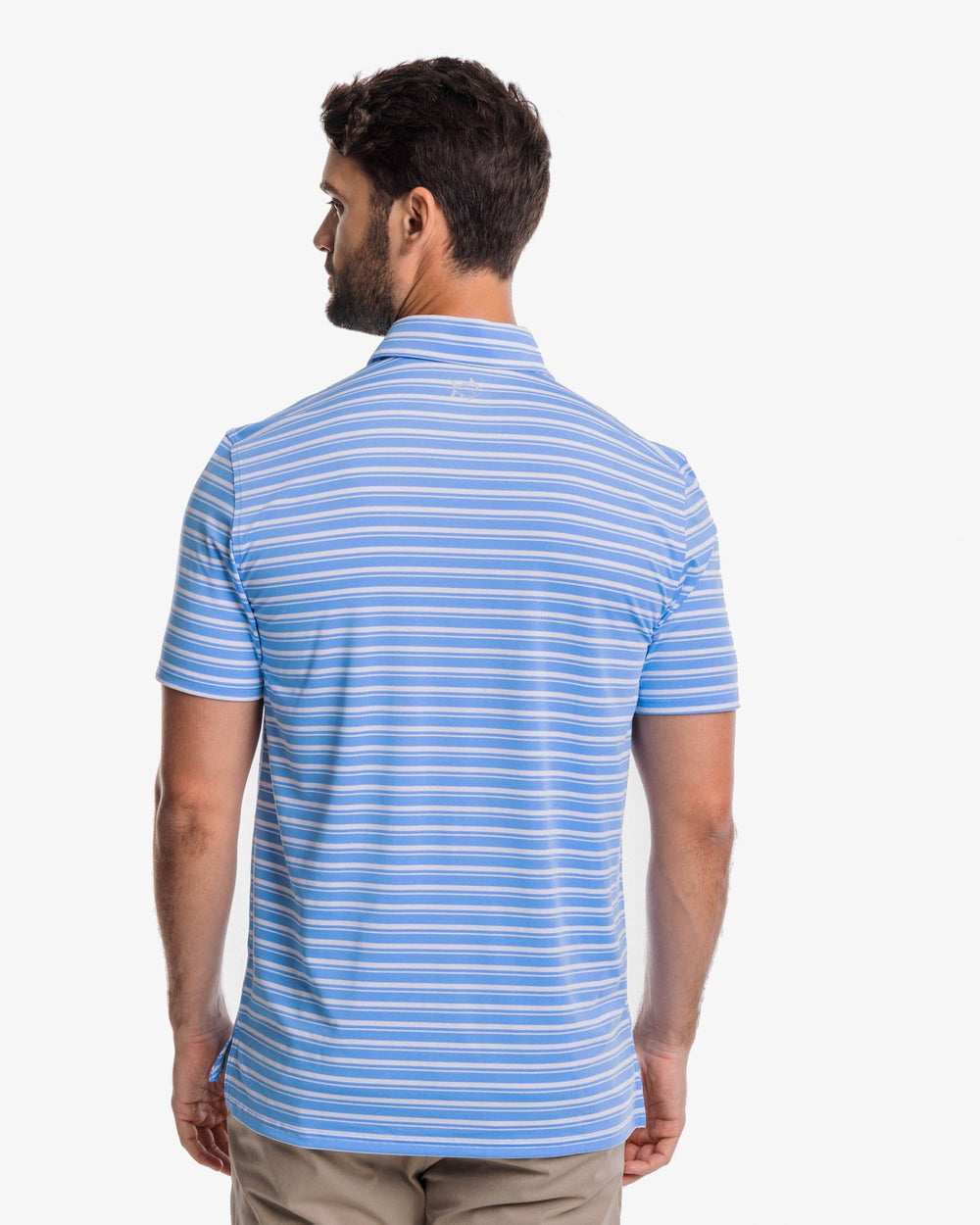 The back view of the Southern Tide Driver Alton Stripe Performance Polo Shirt by Southern Tide - Boat Blue