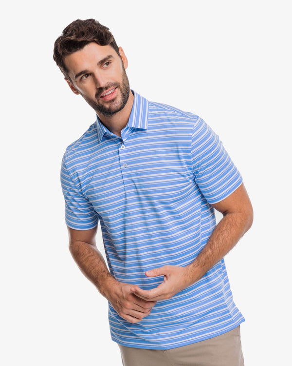 The front view of the Southern Tide Driver Alton Stripe Performance Polo Shirt by Southern Tide - Boat Blue