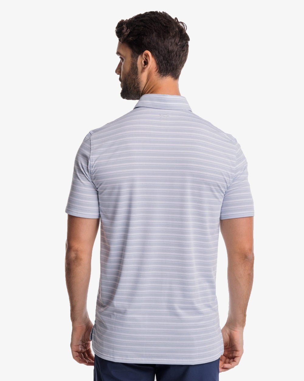 The back view of the Southern Tide Driver Alton Stripe Performance Polo Shirt by Southern Tide - Slate Grey