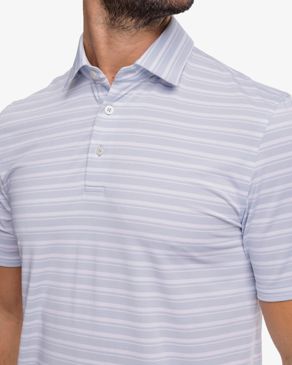 The detail view of the Southern Tide Driver Alton Stripe Performance Polo Shirt by Southern Tide - Slate Grey
