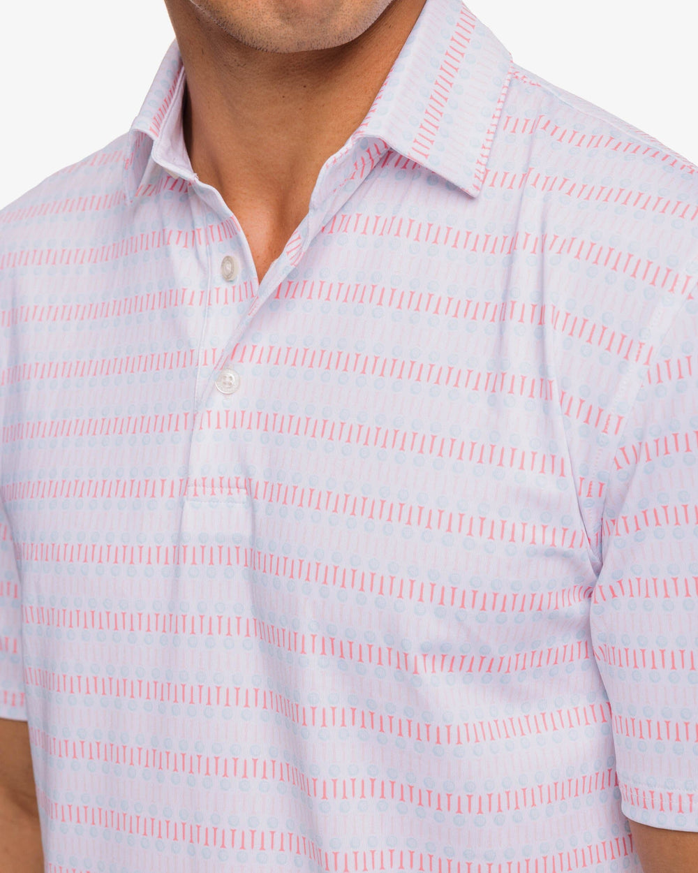 The detail view of the Southern Tide Driver Best Ball Print Performance Polo Shirt by Southern Tide - Classic White