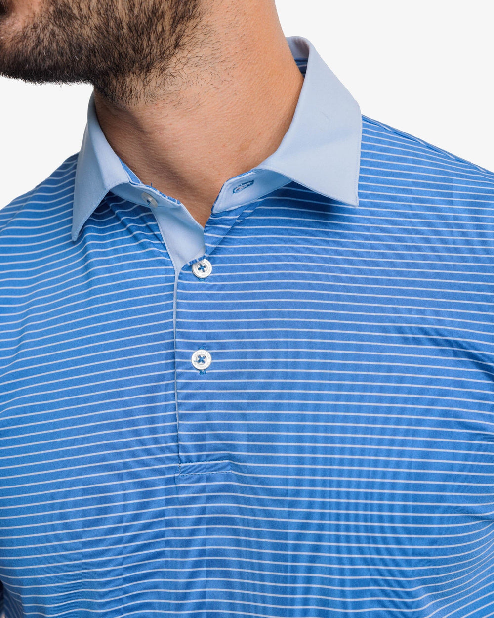 The detail view of the Southern Tide Driver Bowee Stripe Performance Polo Shirt by Southern Tide - Atlantic Blue
