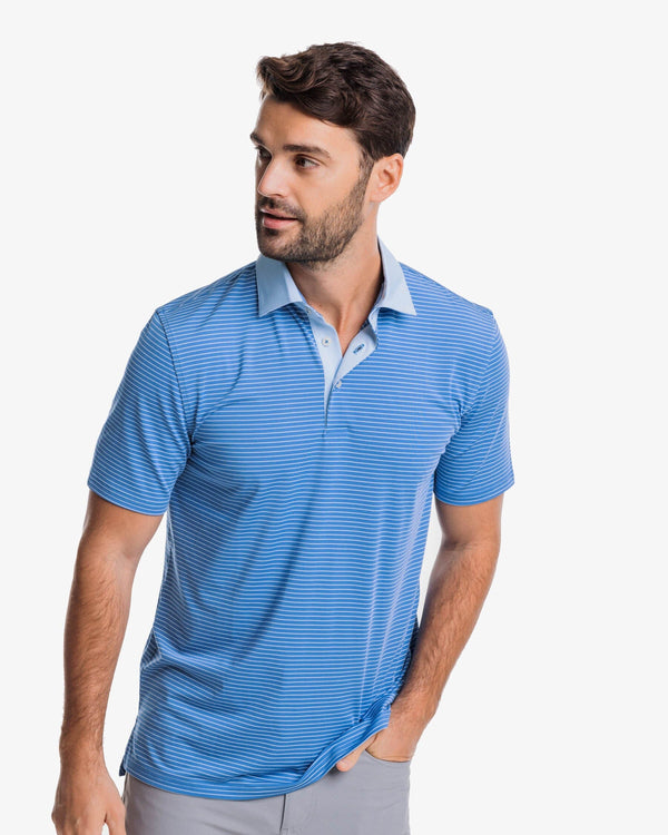 The front view of the Southern Tide Driver Bowee Stripe Performance Polo Shirt by Southern Tide - Atlantic Blue