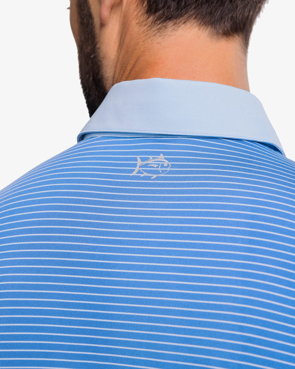The yoke view of the Southern Tide Driver Bowee Stripe Performance Polo Shirt by Southern Tide - Atlantic Blue