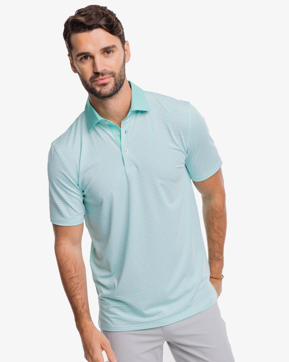 The front view of the Southern Tide Driver Bowee Stripe Performance Polo Shirt by Southern Tide - Baltic Teal