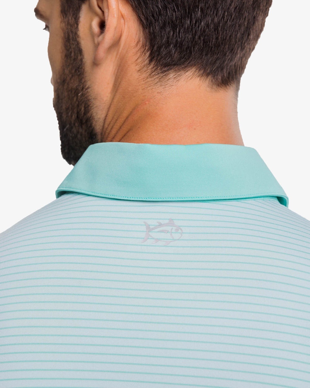 The yoke view of the Southern Tide Driver Bowee Stripe Performance Polo Shirt by Southern Tide - Baltic Teal