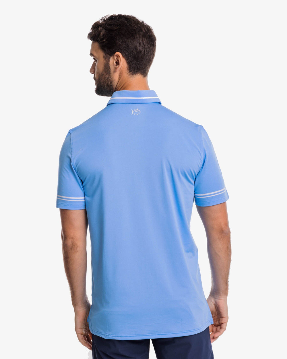The back view of the Southern Tide Driver Brantley Stripe Performance Polo Shirt by Southern Tide - Boat Blue