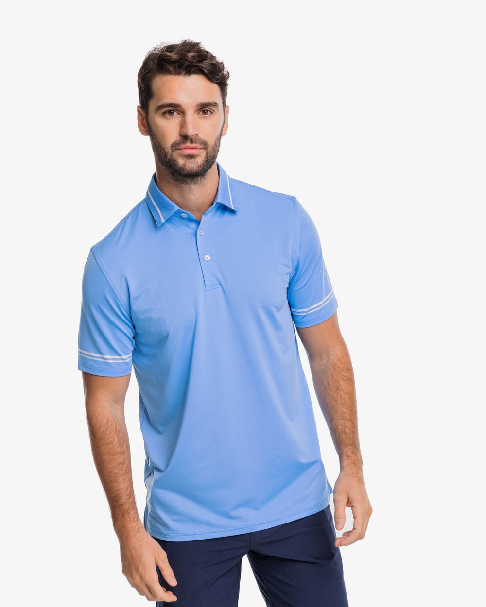 The front view of the Southern Tide Driver Brantley Stripe Performance Polo Shirt by Southern Tide - Boat Blue