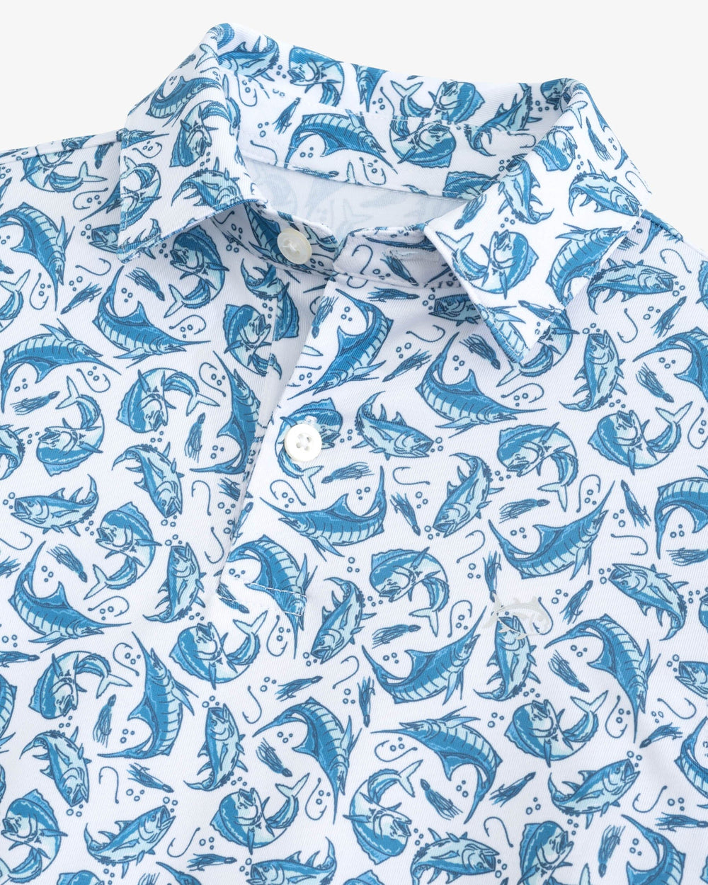 The detail view of the Southern Tide Driver Catch You Later Performance Polo Shirt by Southern Tide - Cloud White
