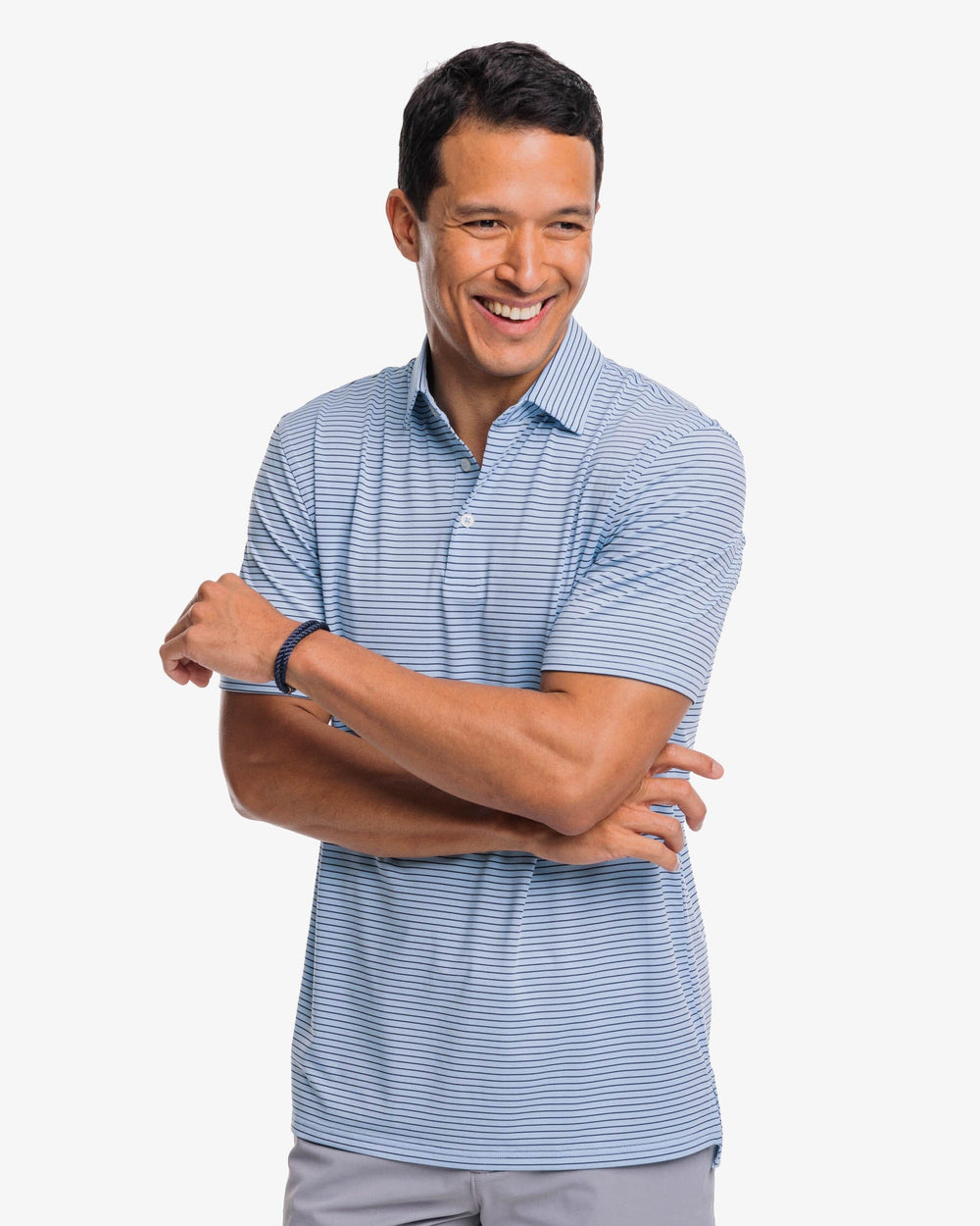 The front view of the Southern Tide Driver Mayfair Performance Polo Shirt by Southern Tide - Rain Water