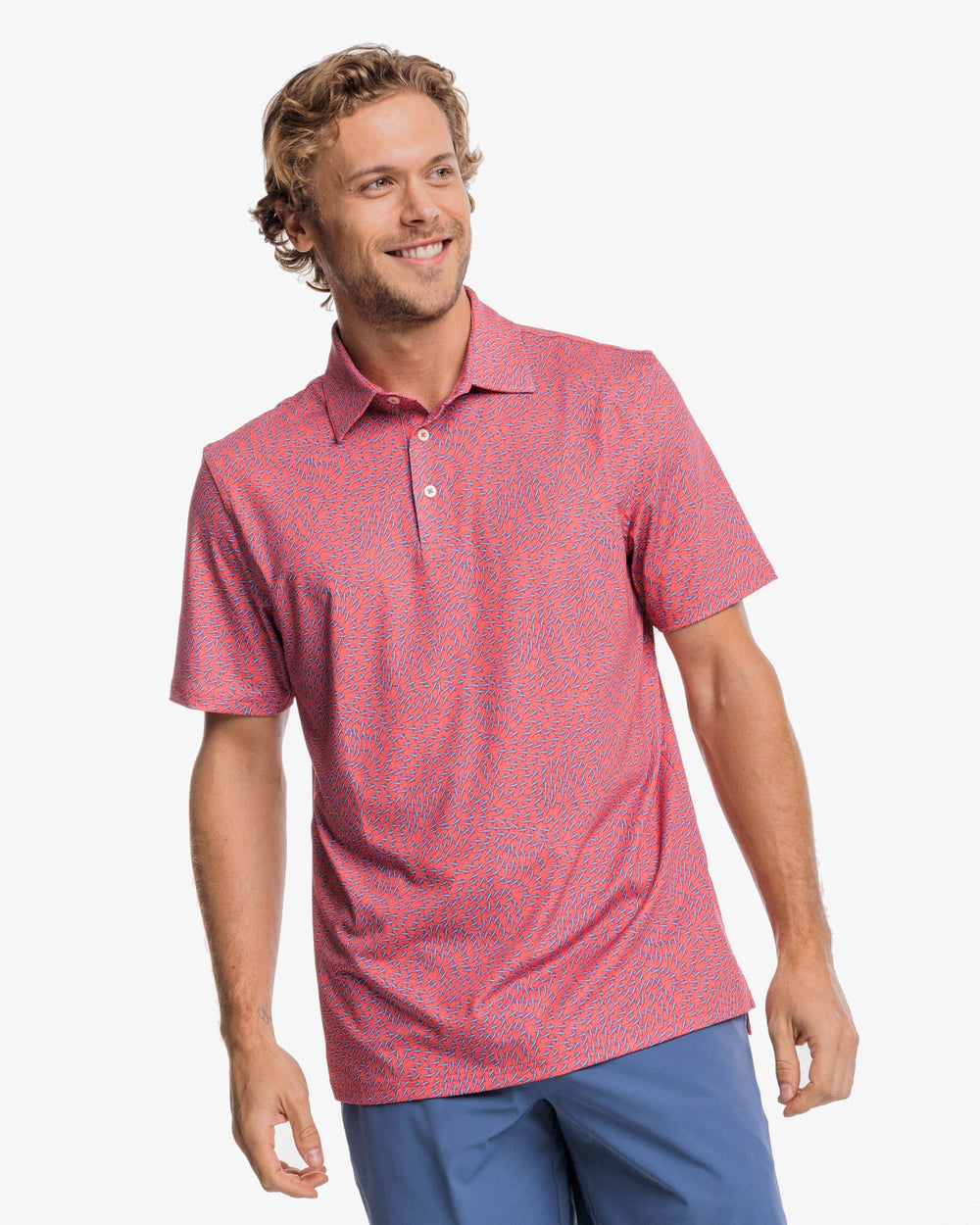 The front view of the Southern Tide Driver Stay in Schools Polo Shirt by Southern Tide - Rosewood Red
