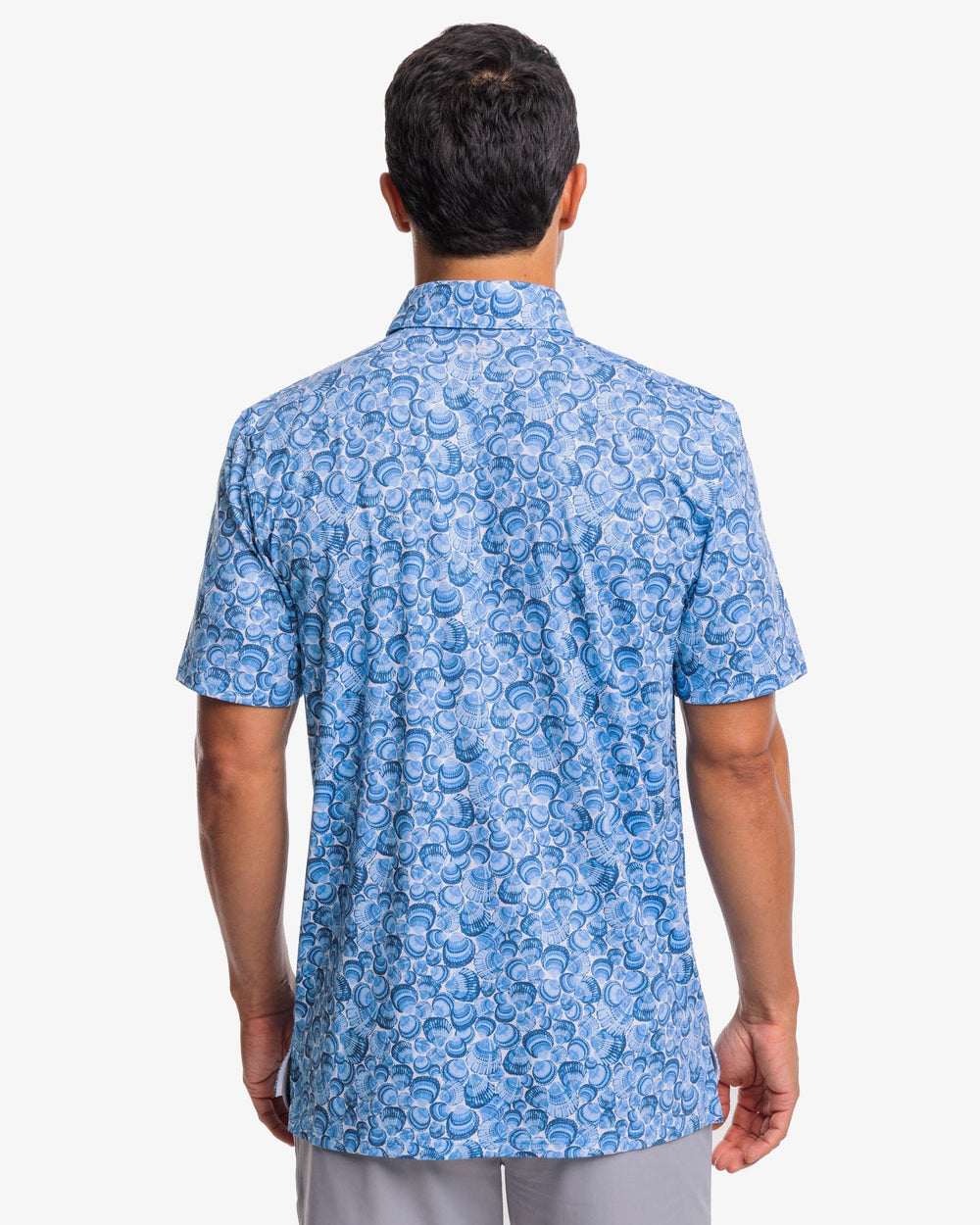 The back view of the Southern Tide Driver Sunday Shellies Performance Polo Shirt by Southern Tide - Classic White