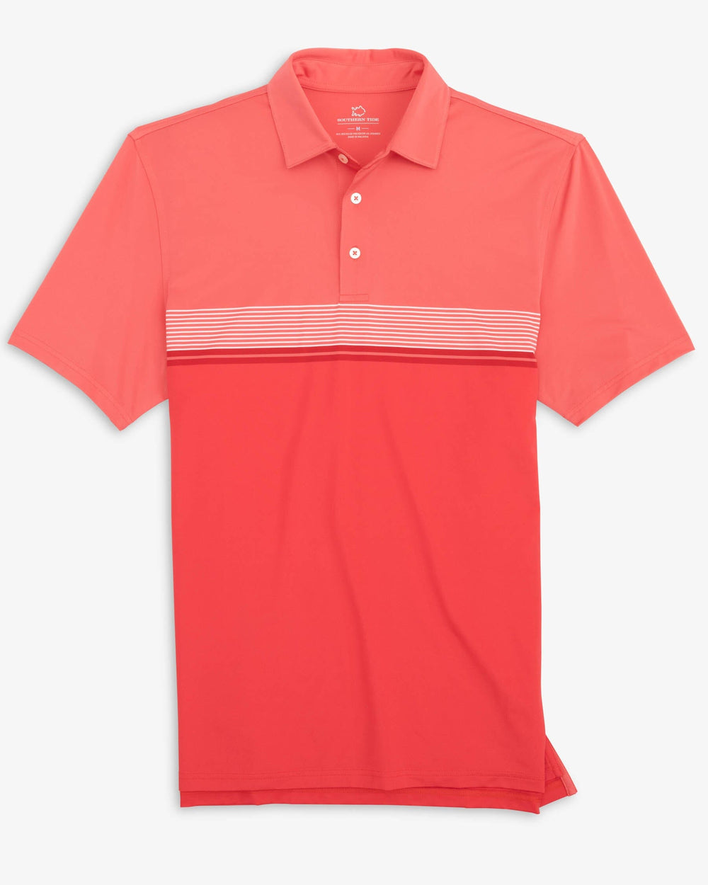 The front view of the Southern Tide Driver Wildwood Stripe Polo Shirt by Southern Tide - Rosewood Red