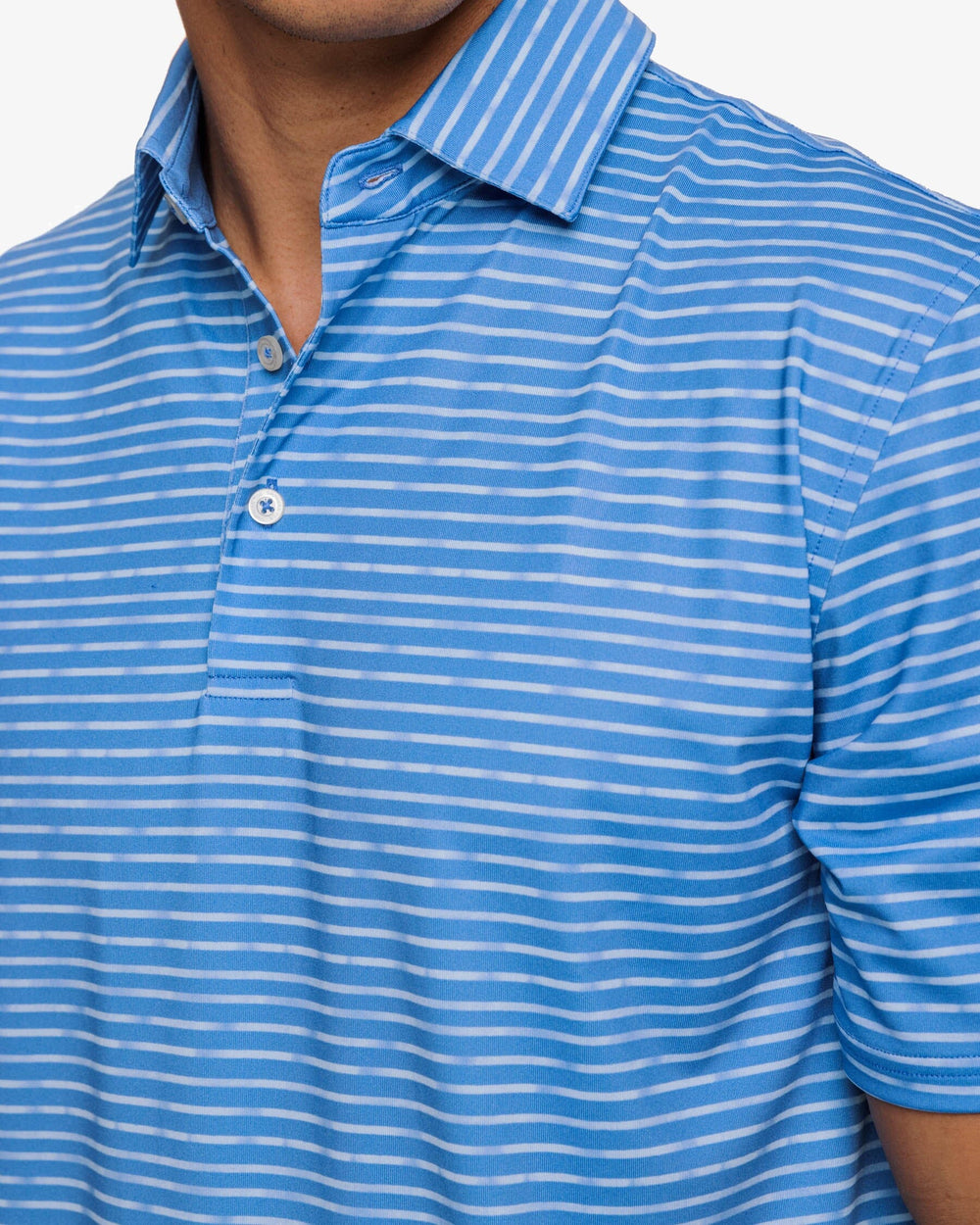 The detail view of the Southern Tide Driver Wymberly Stripe Performance Polo Shirt by Southern Tide - Atlantic Blue