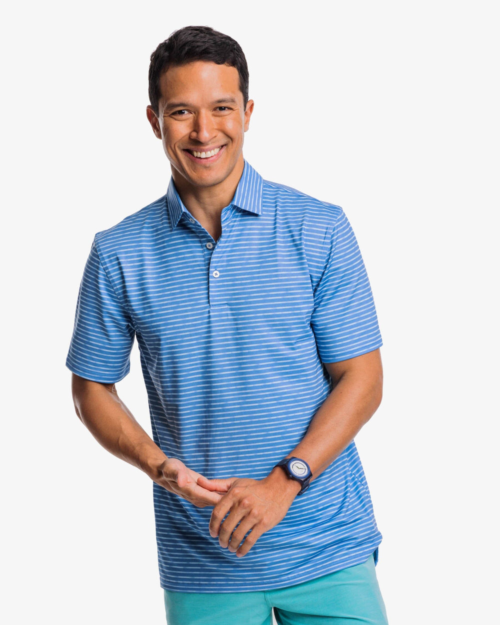 The front view of the Southern Tide Driver Wymberly Stripe Performance Polo Shirt by Southern Tide - Atlantic Blue