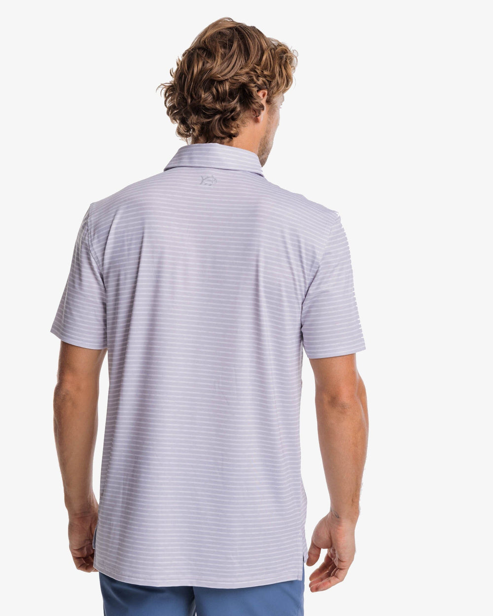 The back view of the Southern Tide Driver Wymberly Stripe Performance Polo Shirt by Southern Tide - Slate Grey